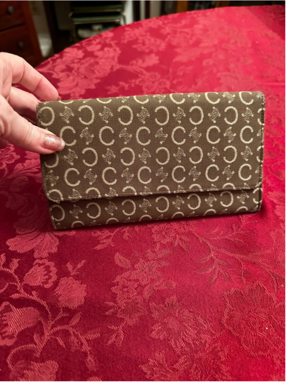 Celine Brown & Beige Canvas & Leather Monogram Long Wallet